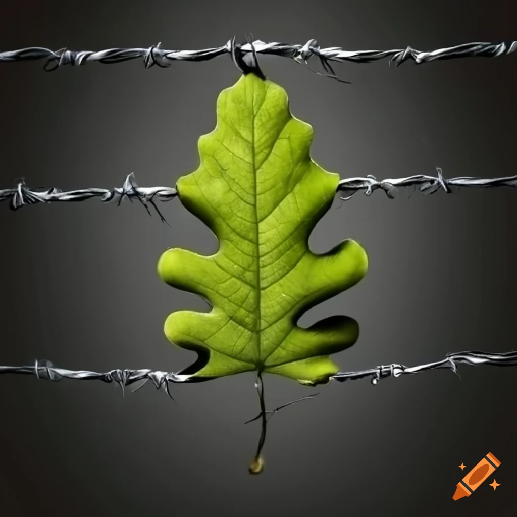 Sad oak tree leaf surrounded by barbed wire