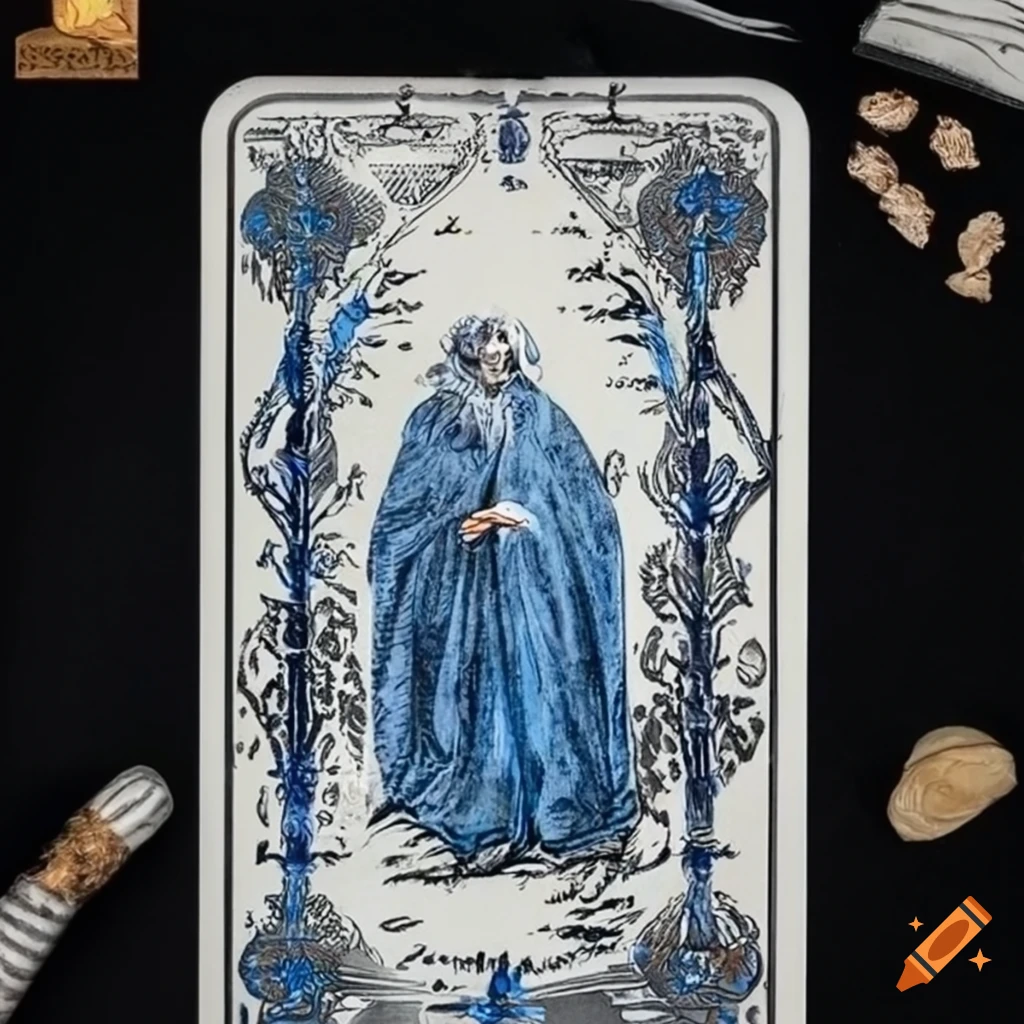Tarot card 'The Hermit' in blue, white, silver