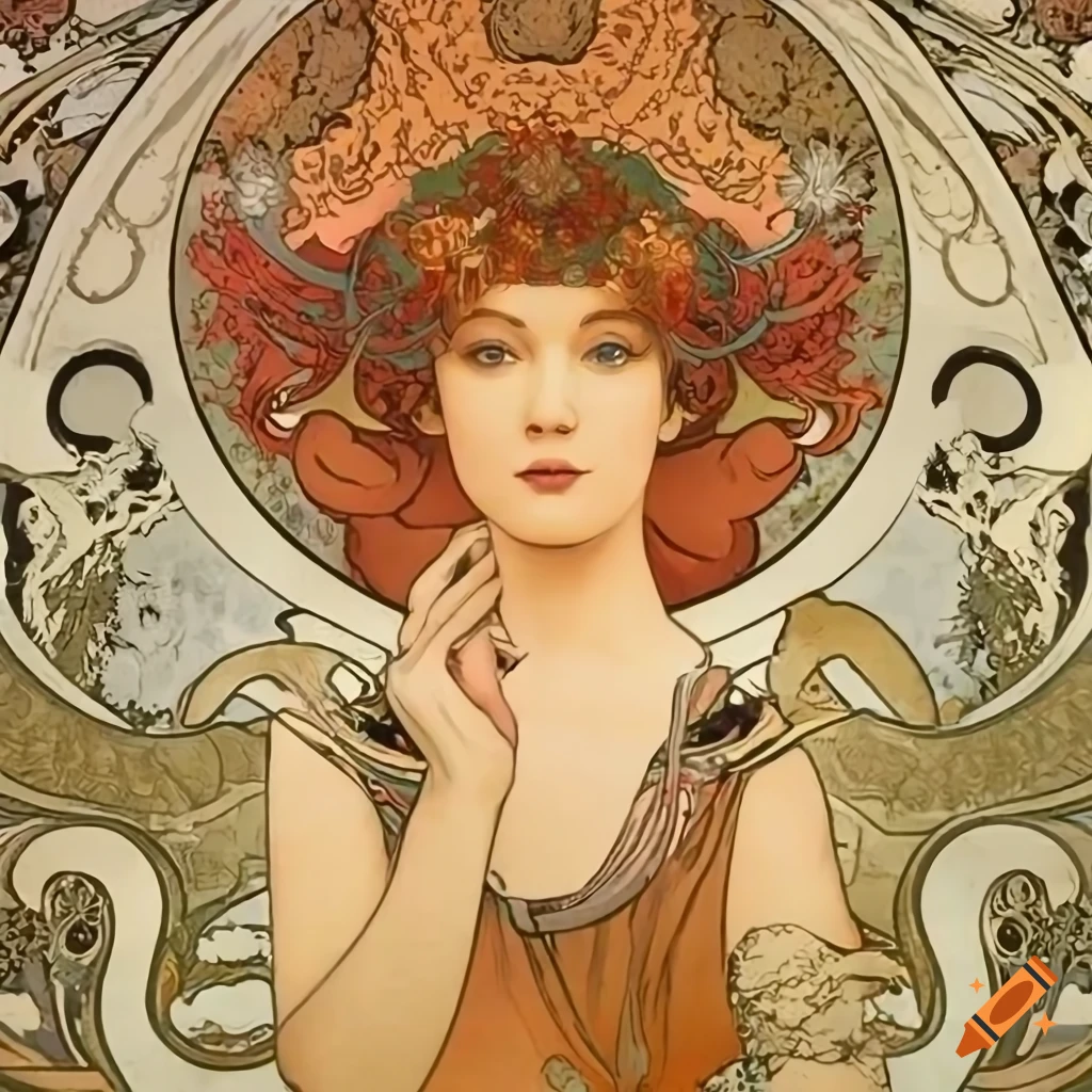Vintage poster by Alphonse Mucha featuring an unwieldy mech with stunning design