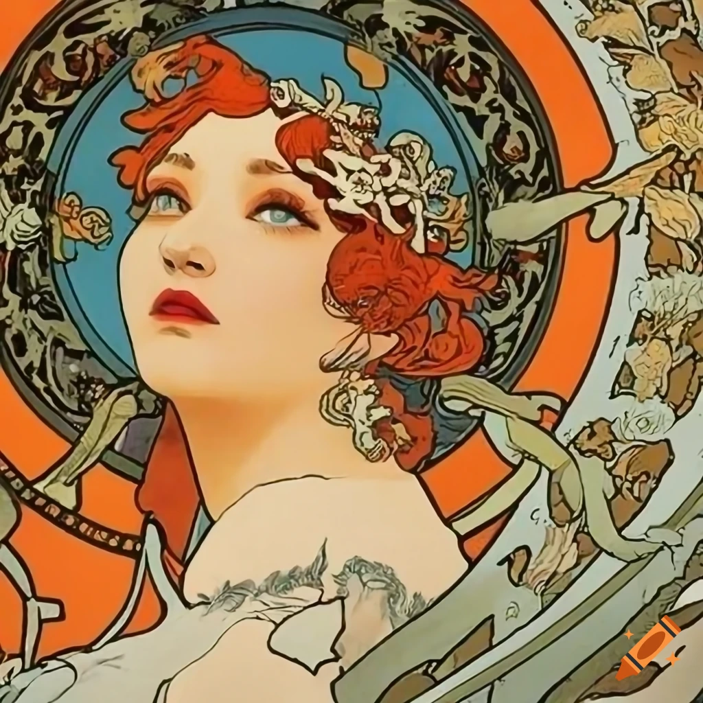 Vintage poster by Alphonse Mucha featuring an unwieldy mech with stunning design
