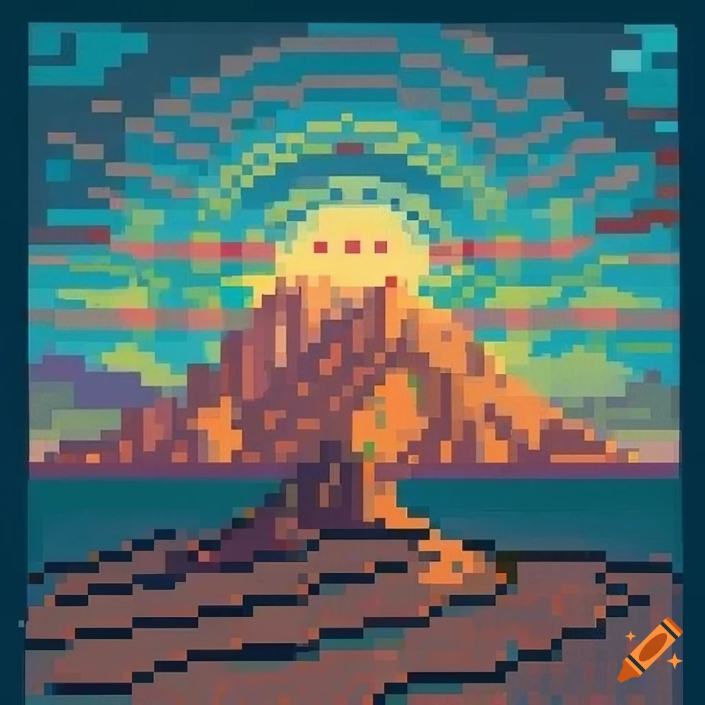 Pixel art with dithering effect resembling a vintage postcard from a mysterious land