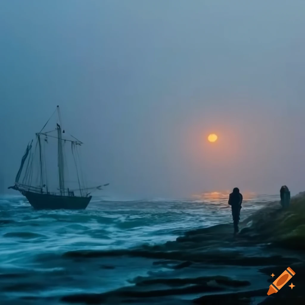 Two people walking along a coastal path with a stormy sea and ship in the misty distance