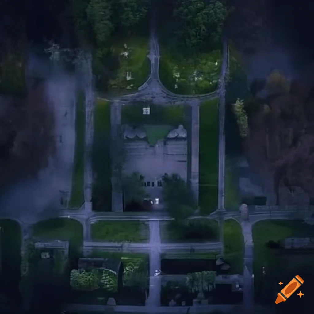 Eerie aerial view of a cemetery at twilight