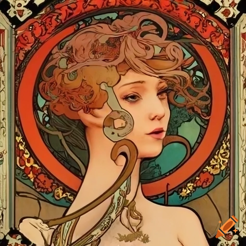 Vintage Alphonse Mucha poster featuring an unwieldy mech and an octopus in a stunning design