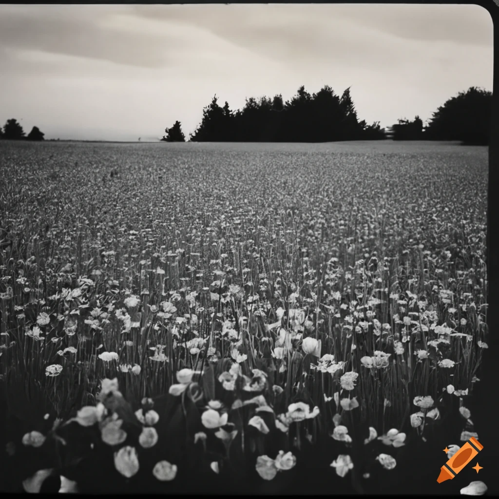 Vintage black and white image of a field of poppy flowers