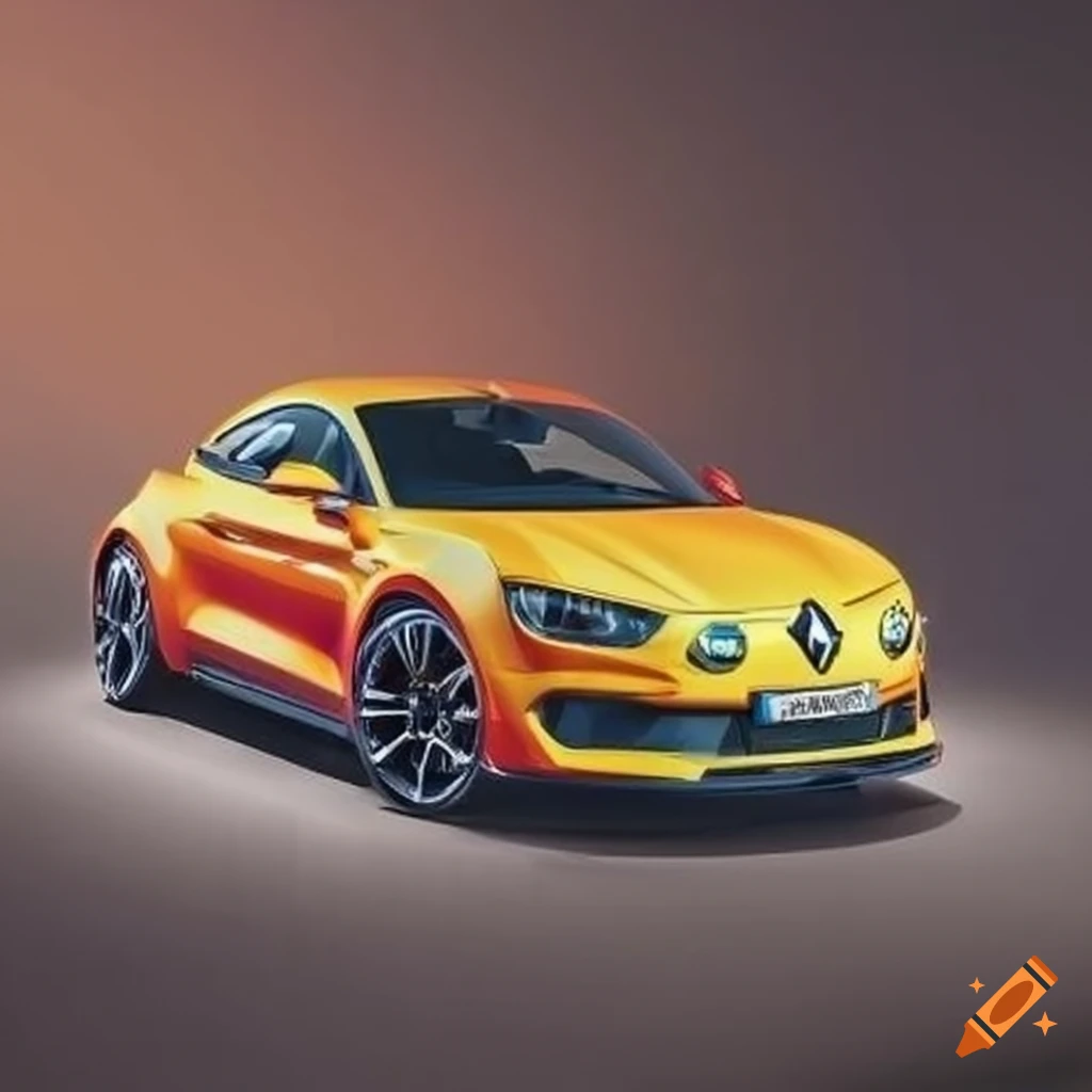 Red Renault Alpine with a yellow central stripe, similar to Mustang GT design