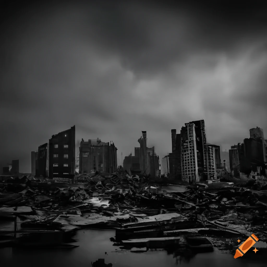 Dramatic monochrome cityscape after a typhoon with abandoned cars and damaged buildings