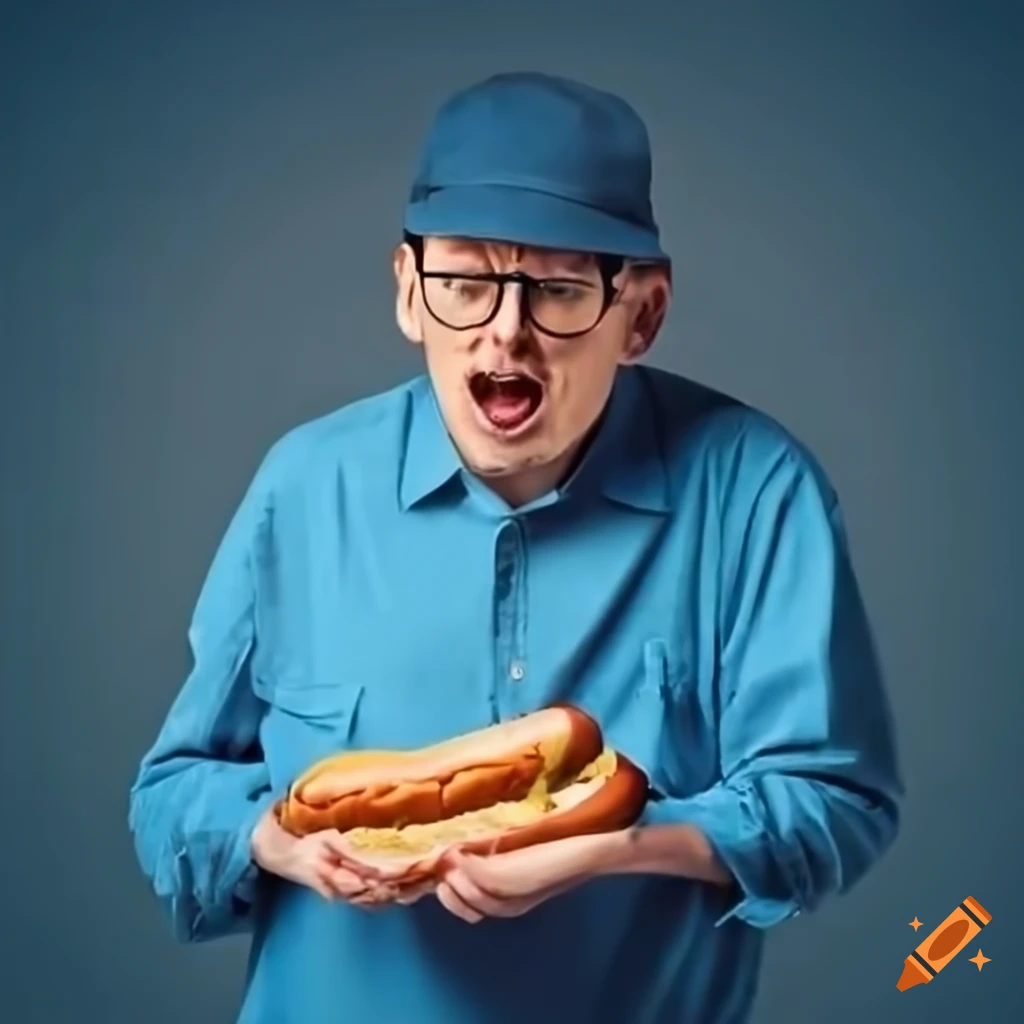 Man with blue shirt, glasses, and baseball hat eating a hot dog