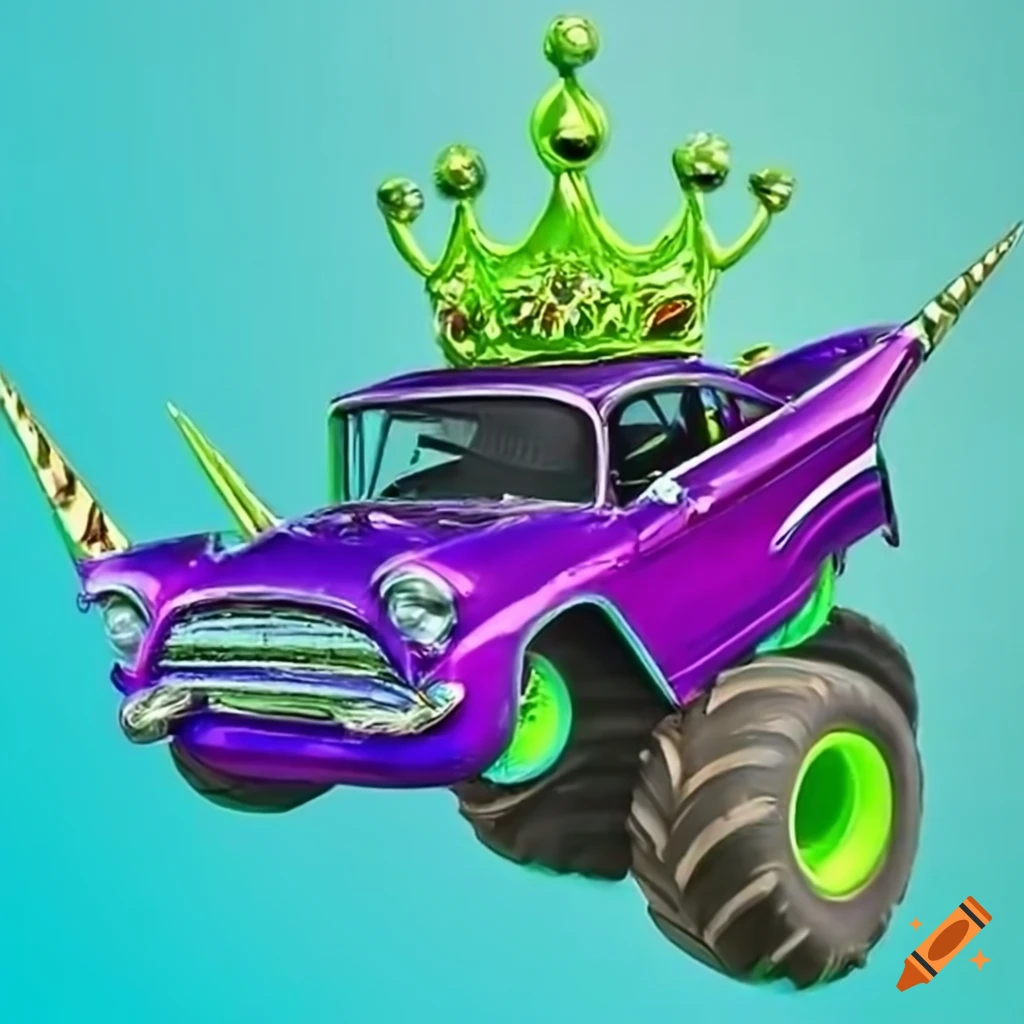 Lime green 1957 Chevy Bel Air monster truck with cartoon purple neon monster on top with unicorn head and crown