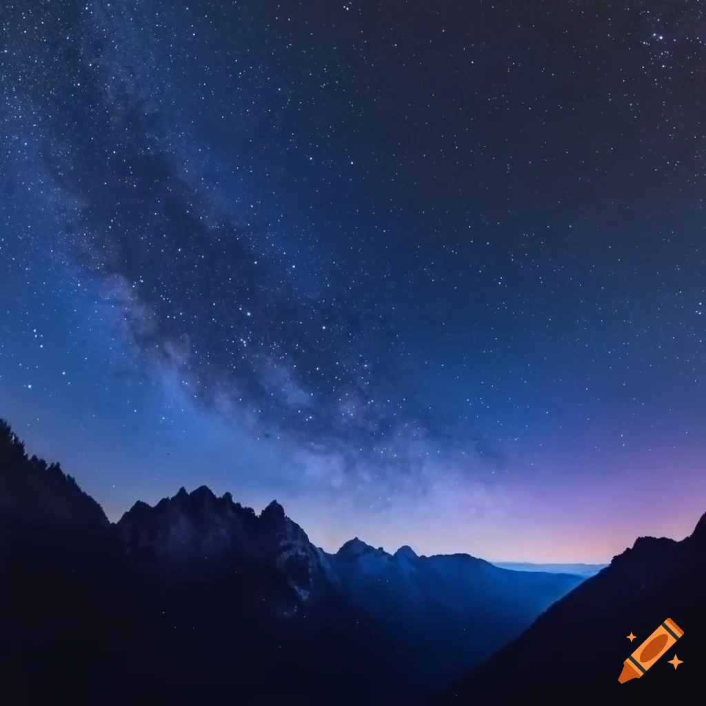 Nighttime landscape with starry sky between towering mountains on Craiyon