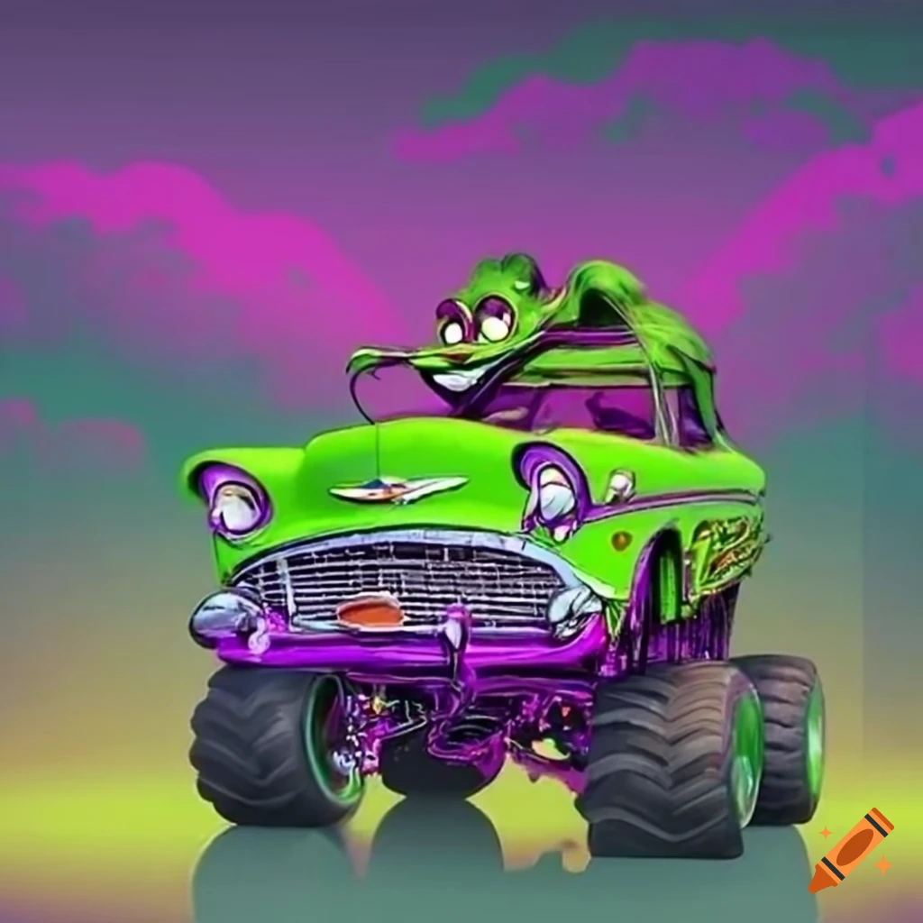 Lime green 1957 Chevy Bel Air monster truck in Rat Fink style