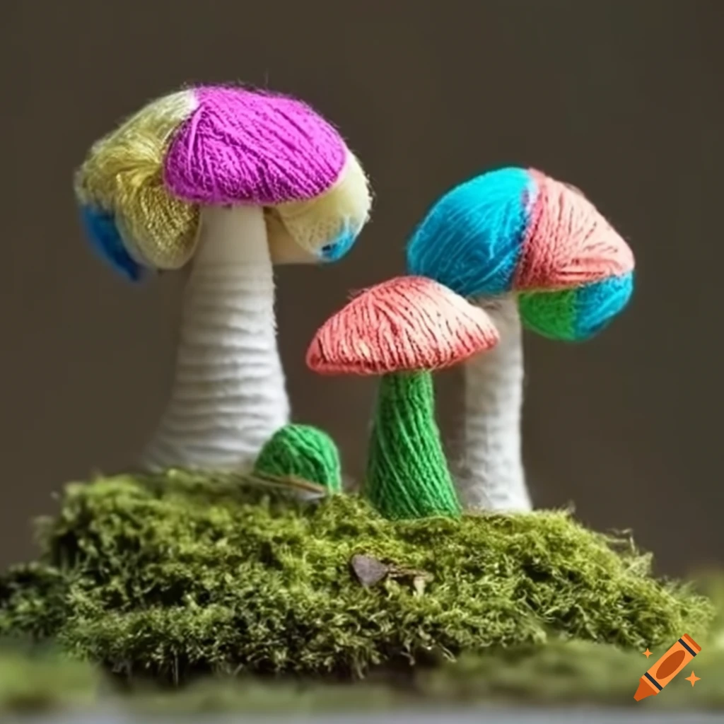 Colorful yarn mushrooms growing on moss on Craiyon