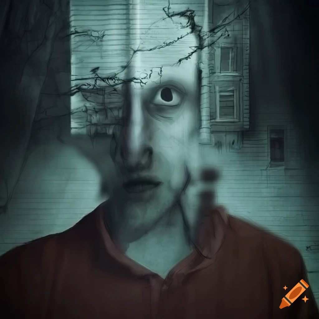 Surreal illustration of a man with a haunted house growing from his head
