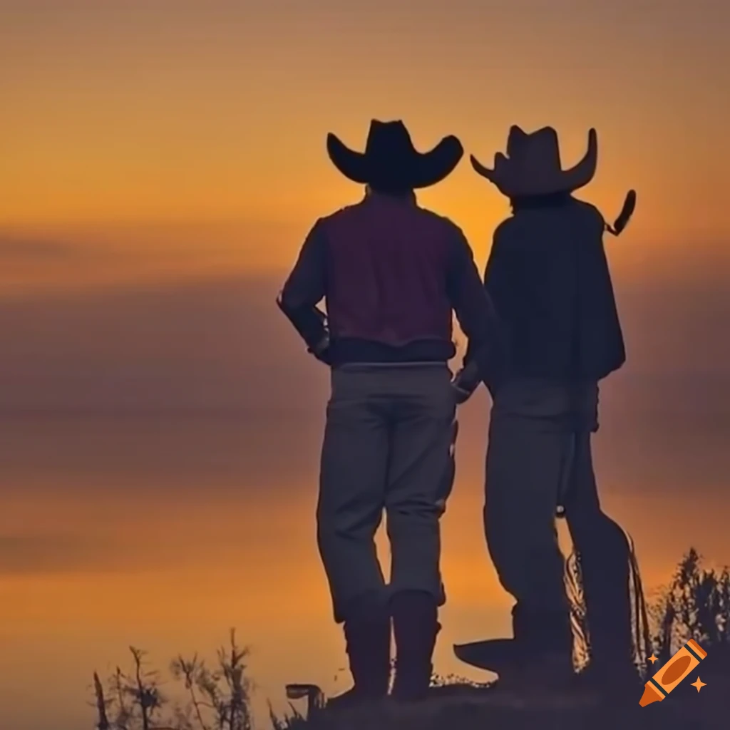 Cowboys by the lake talking during sunset