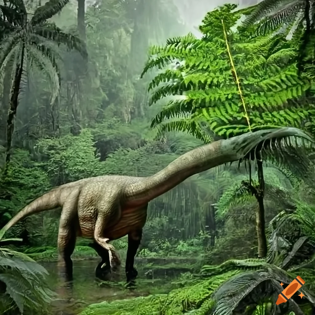 Dinosaur with long claws in the rainforest during rain with giant ferns