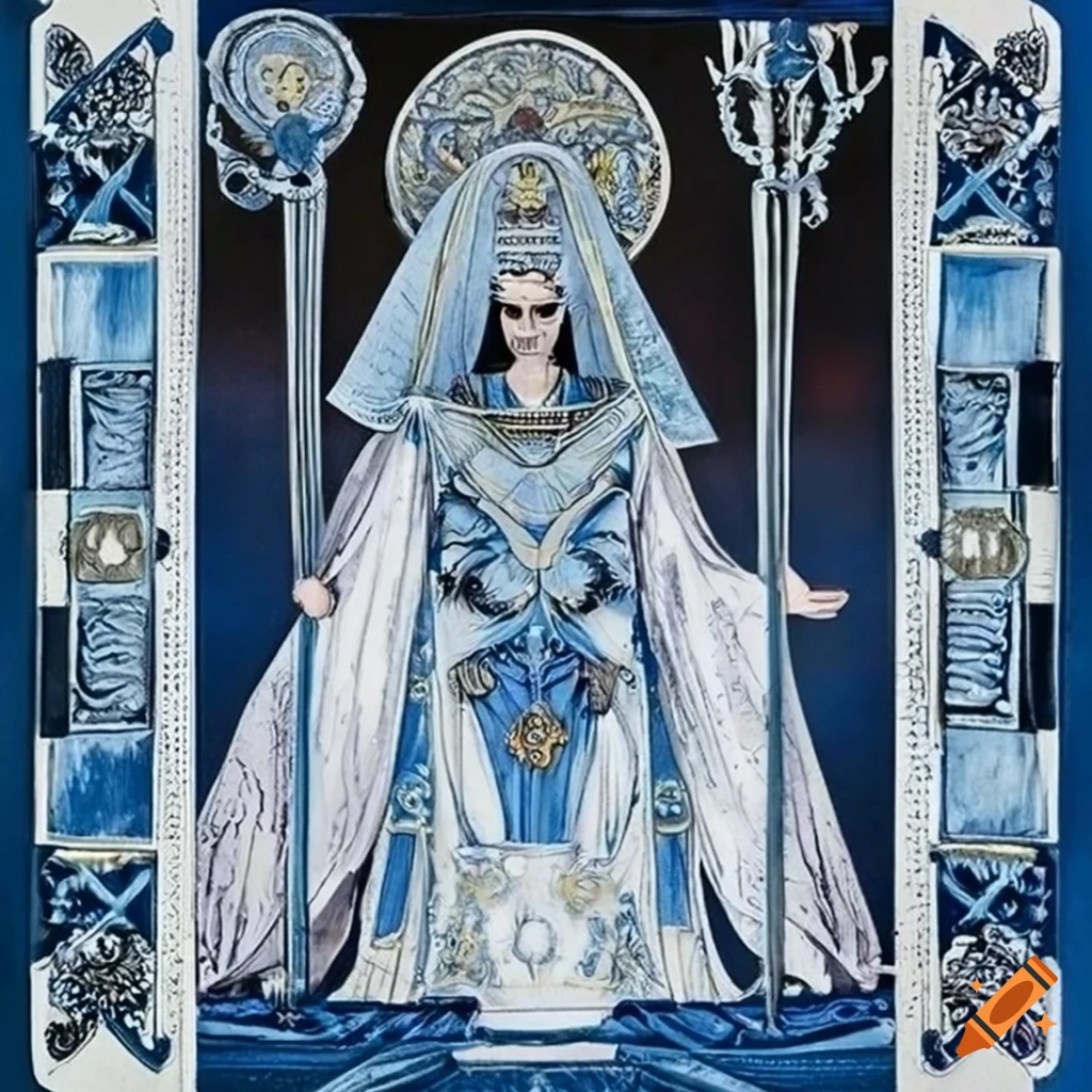 The High Priestess tarot card in blue, white, silver colors