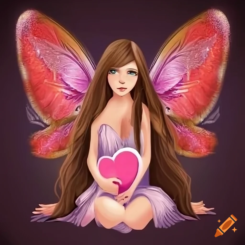 Sad fairy with big brown eyes, colorful wings, holding a heart and a knife