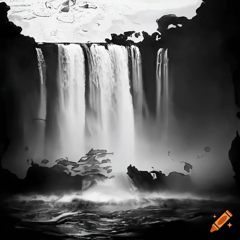 Detailed black ink artwork of the magnificent Iguazu Falls