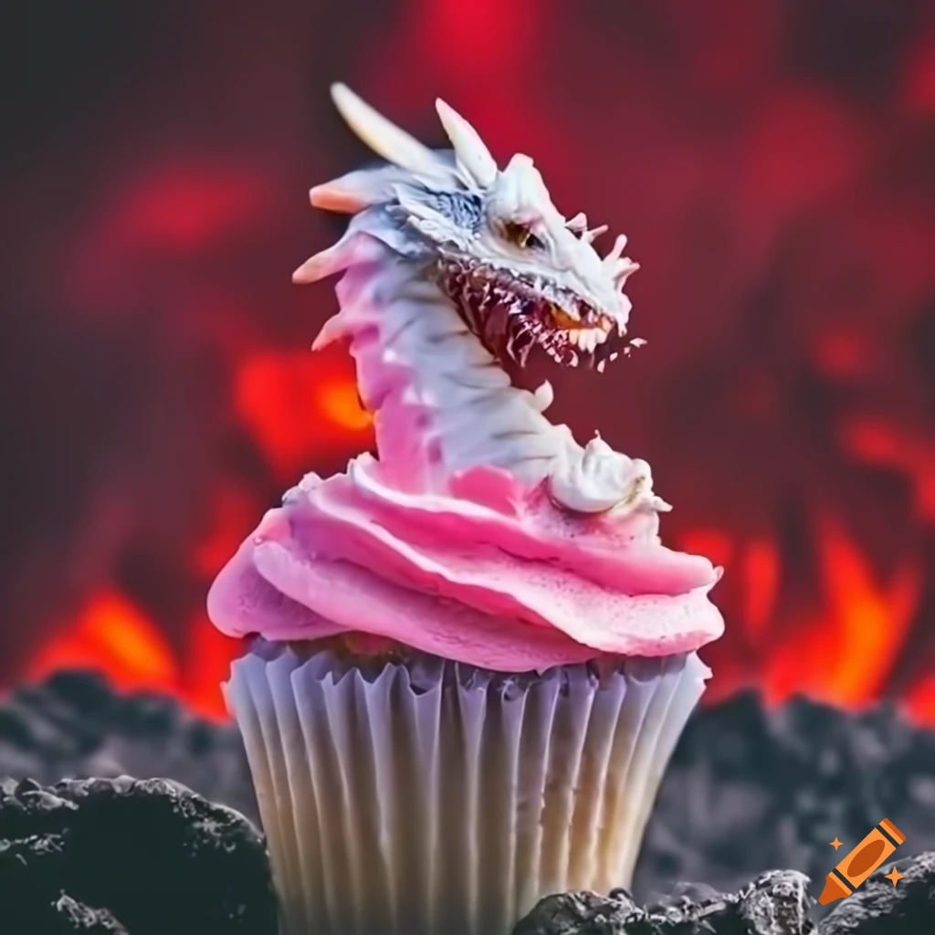 Happy white dragon enjoying a pink cupcake in a volcanic setting