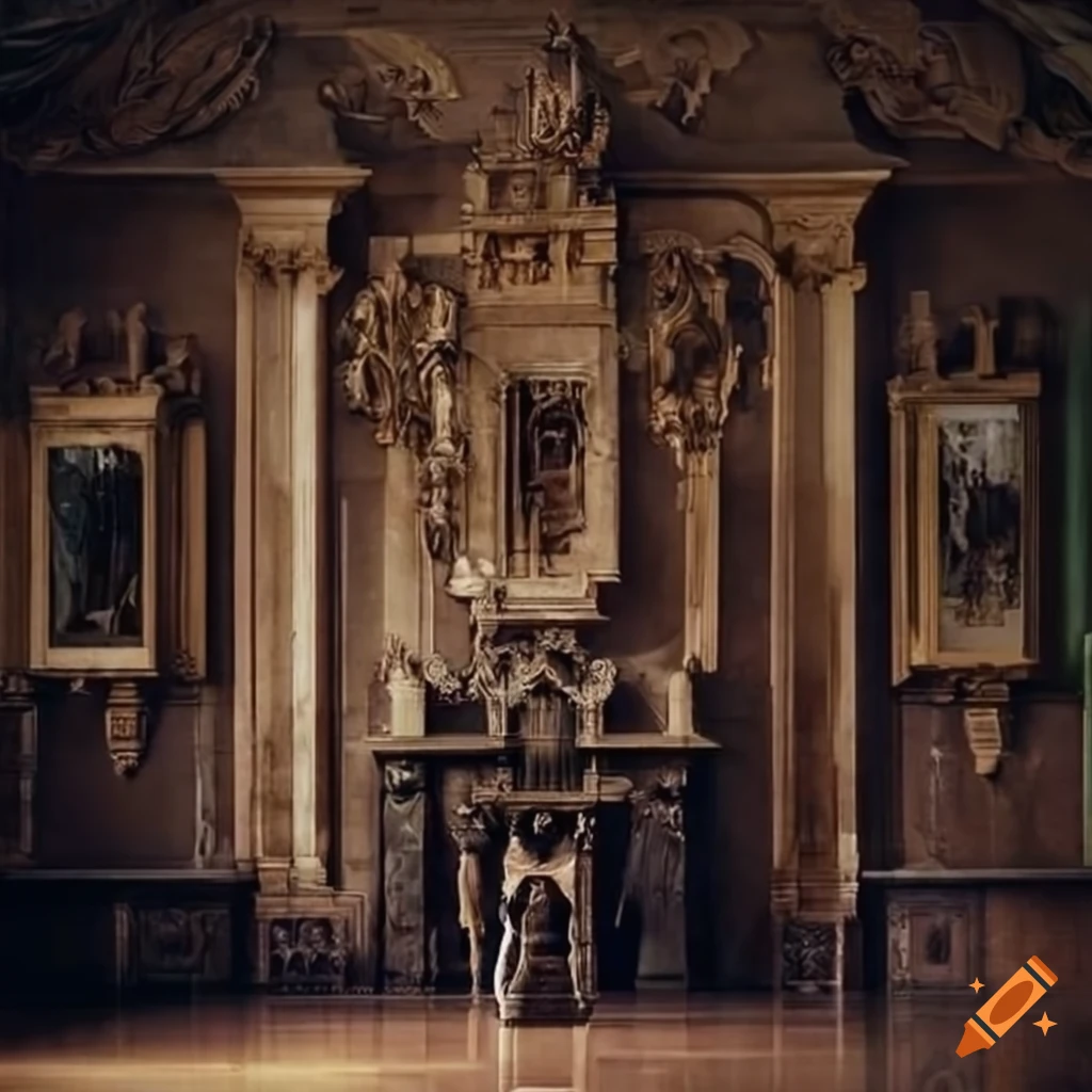 Dark academia hall with statues and old paintings in a gothic style building