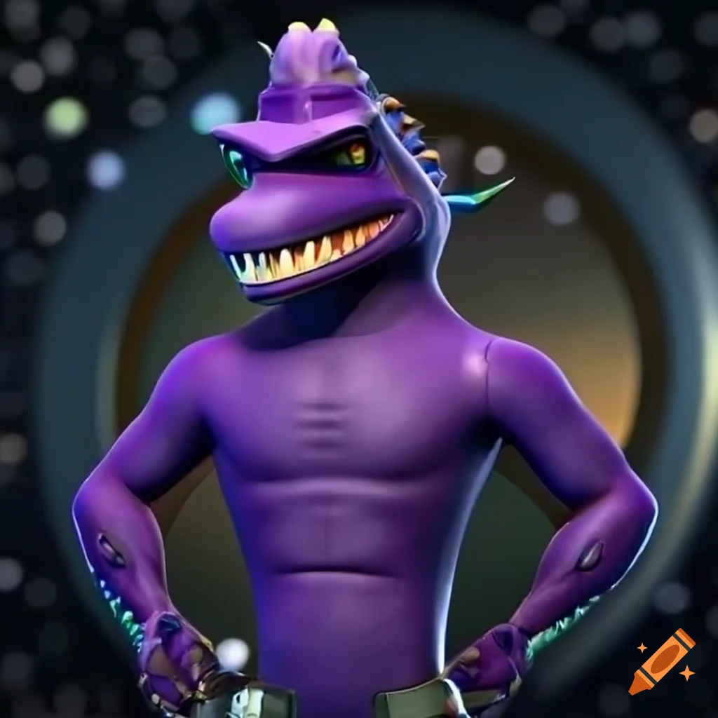 Anthro evil purple dinosaur with spiked helmet and golden emblem, 3D render