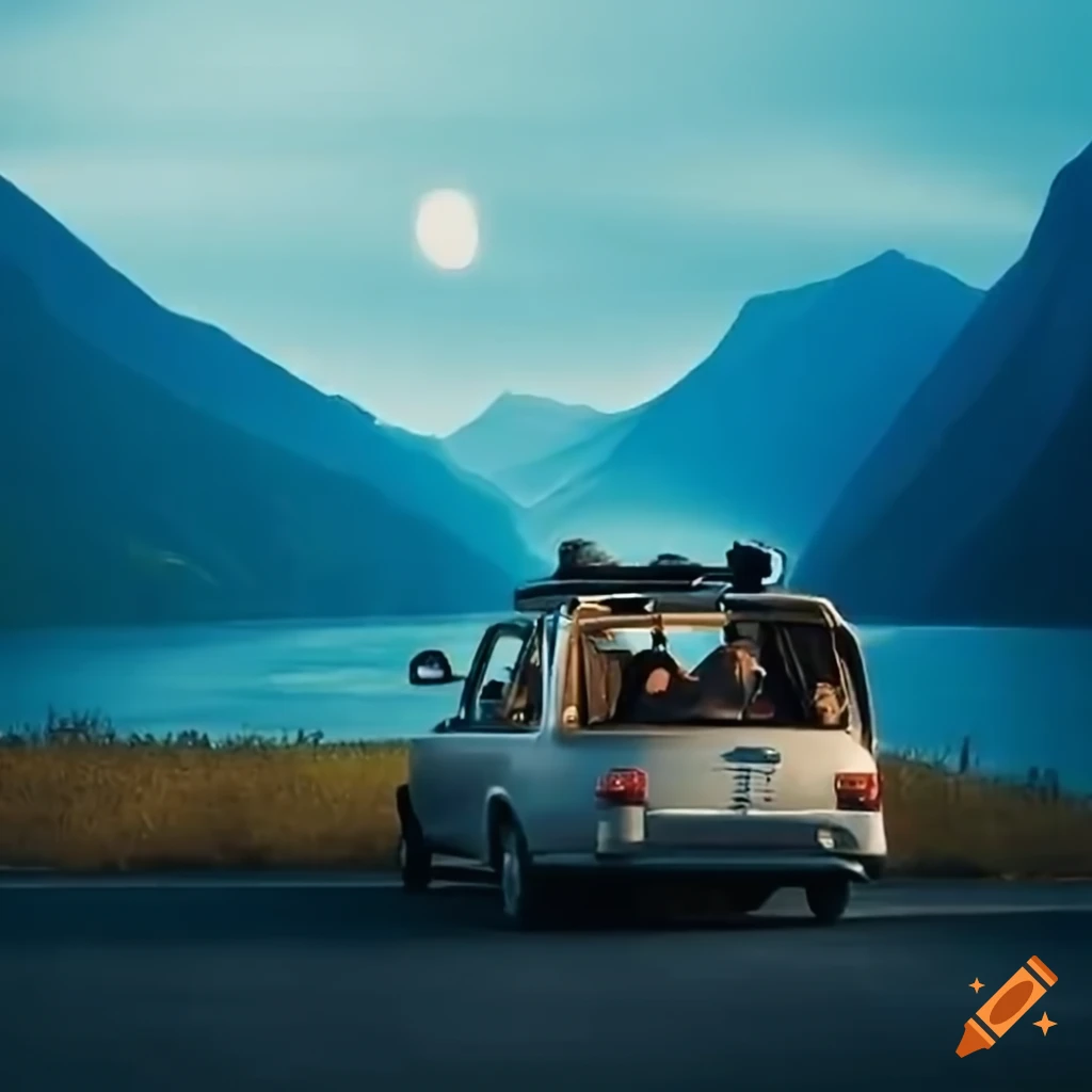 Group of friends travelling in a car through a scenic landscape