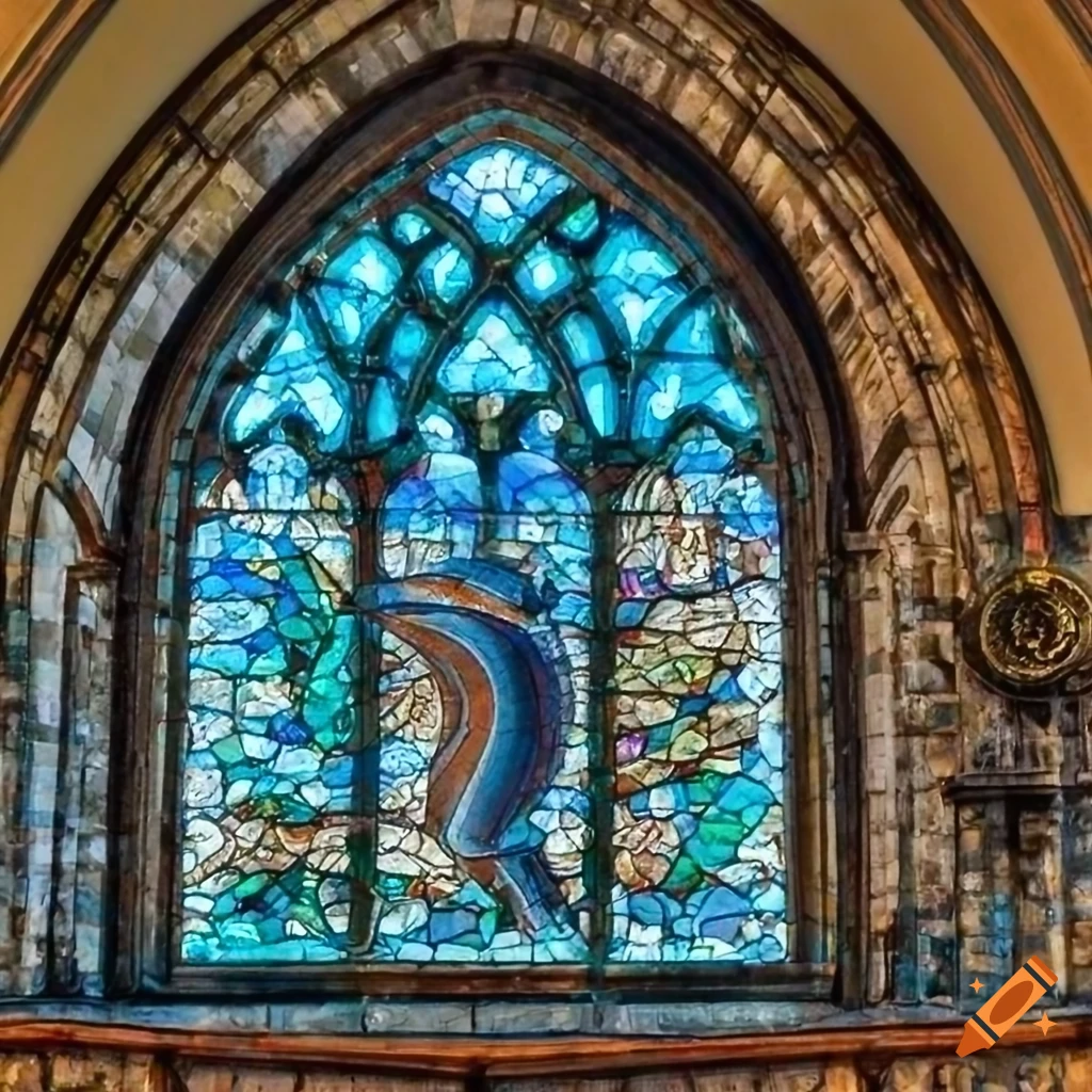 Church window with a dolphin mosaic design