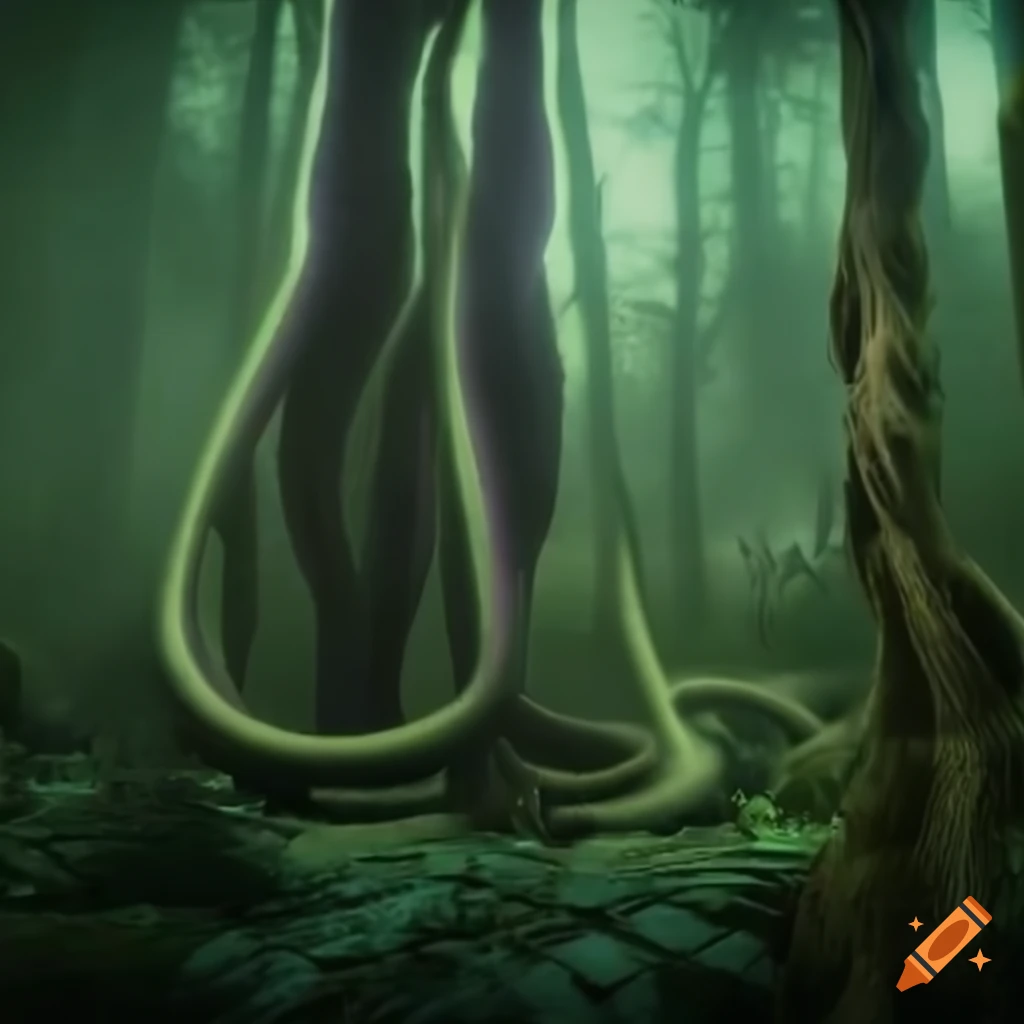 Lush Biopunk forest biomechanical wonderland teeming with life
