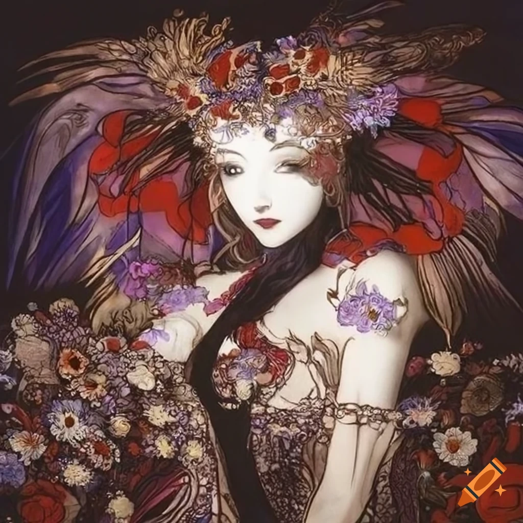 Portrait of a woman with a flower in the style of Yoshitaka Amano on ...