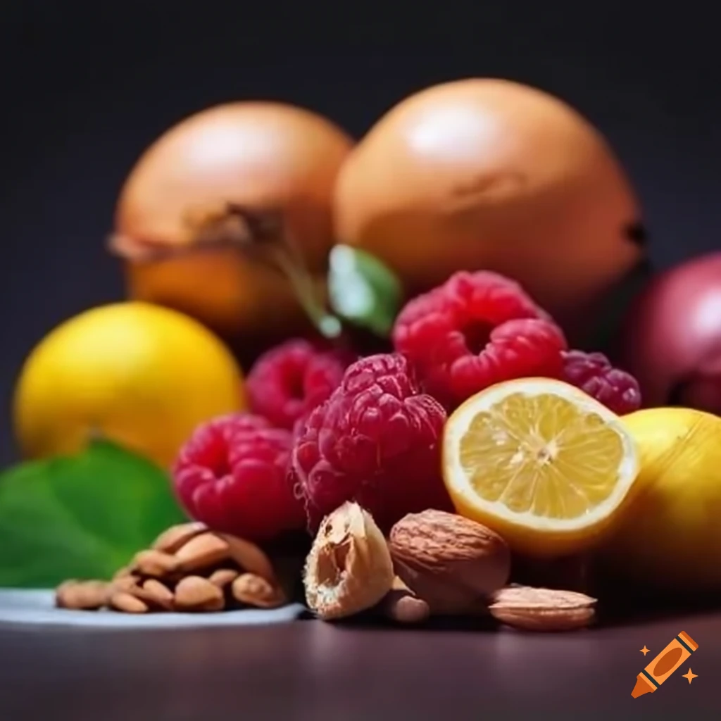 Arrangement of lemons, onions, nuts, and raspberries