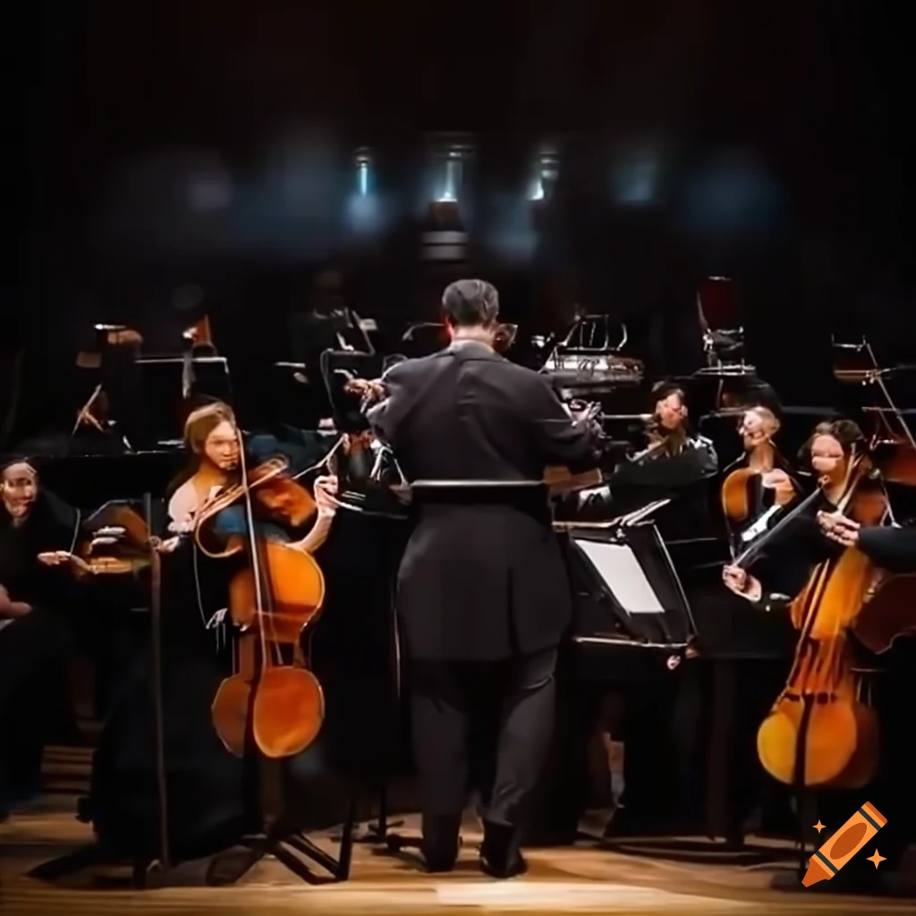 Orchestra playing powerful and inspiring music with colorful symphonies overhead
