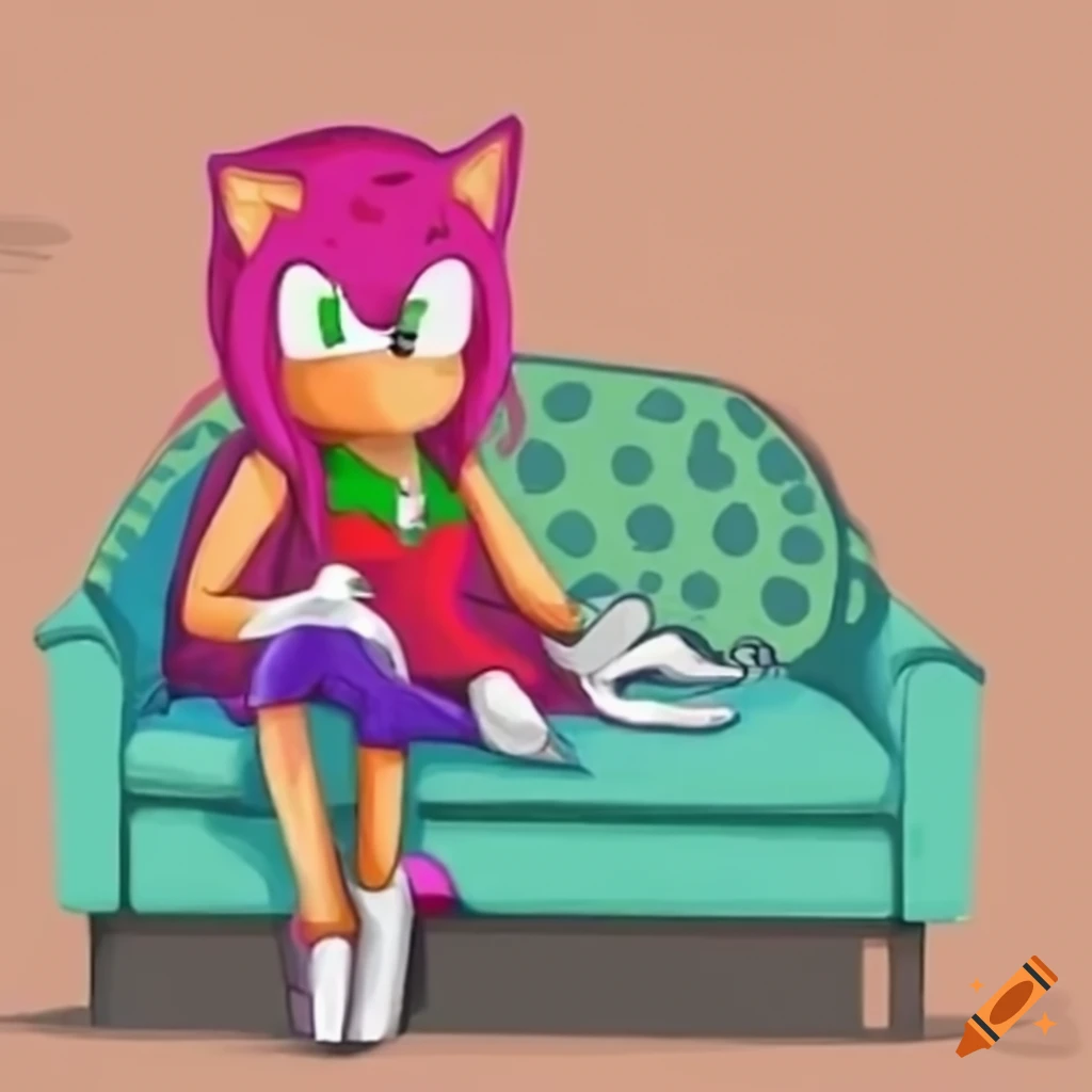 Amy Rose relaxing on a couch in a sleeveless shirt on Craiyon