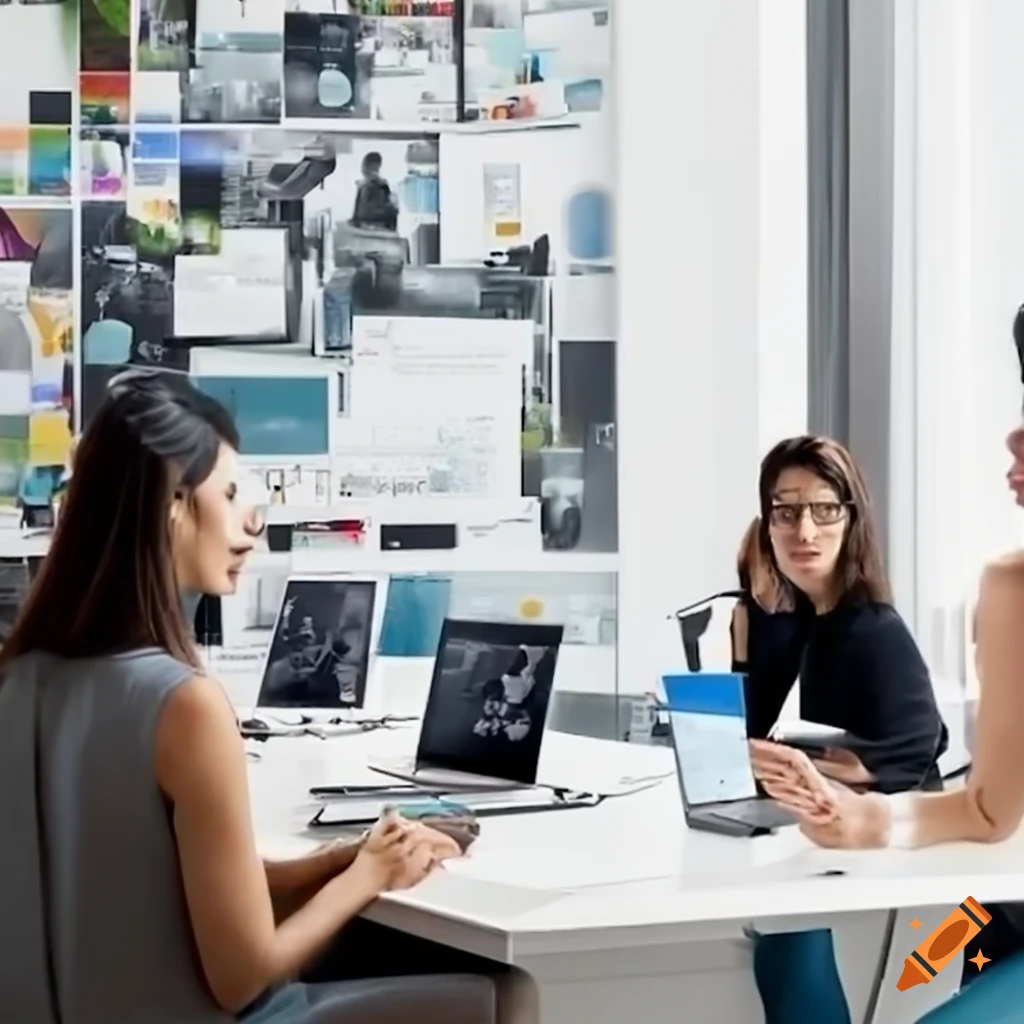 Modern digital marketing workspace with screens showing graphs and social media platforms