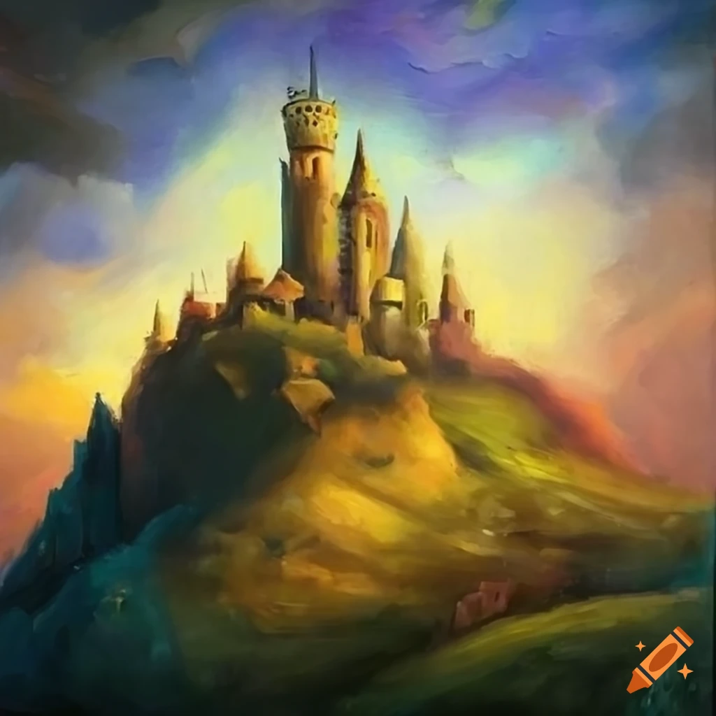 Fantasy castle on a hill depicted in an oil painting on Craiyon