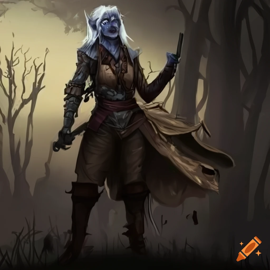 Drow elf cowboy in a gloomy town with a pistol