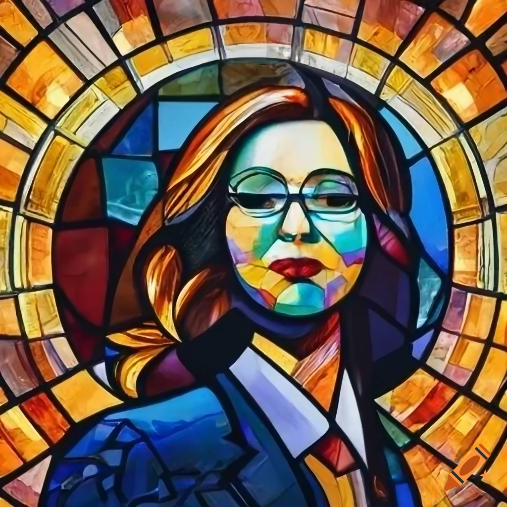 Stained glass window depiction of business man and woman in google art style on Craiyon