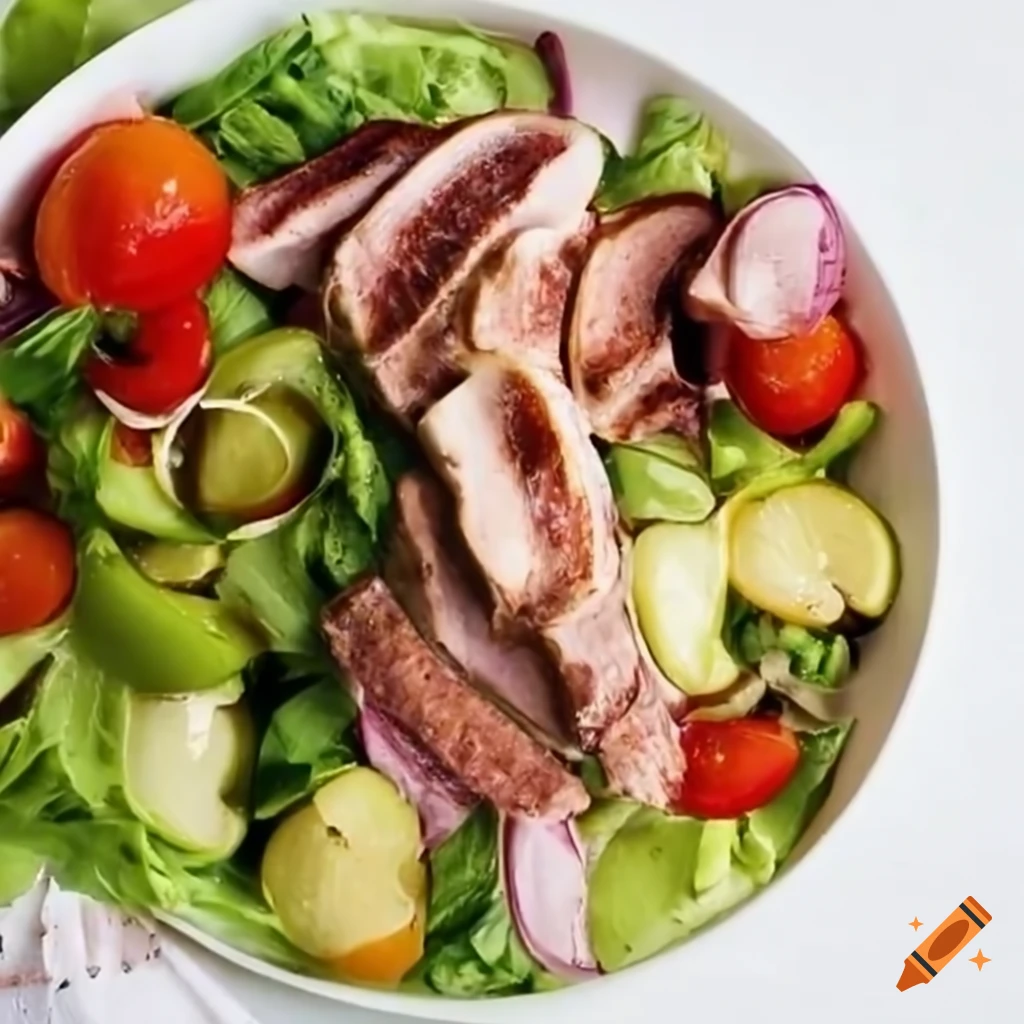 salad with rocket, pear, and pork