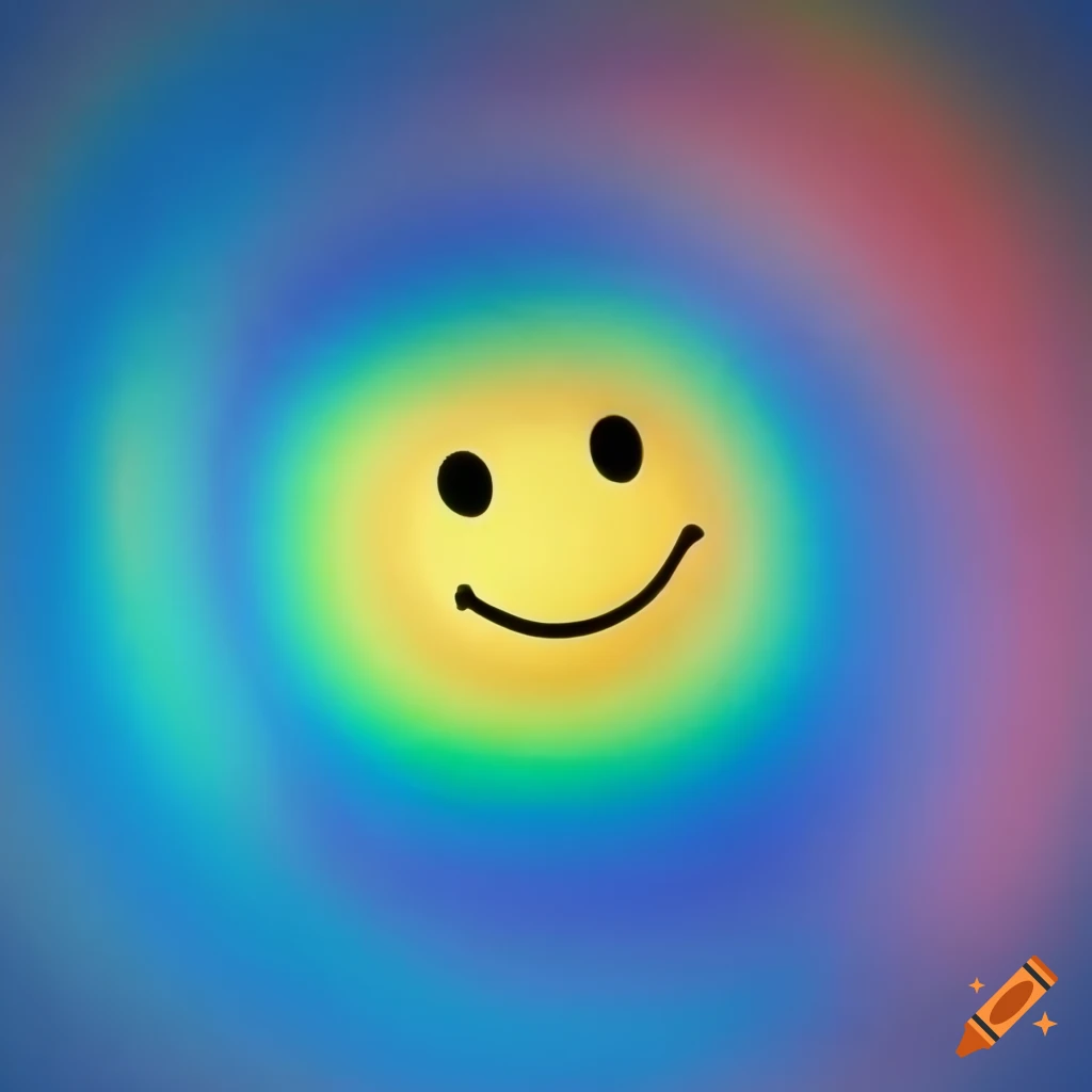 Dreamy yellow smiley on a blue sky with rainbow-colored blurry clouds
