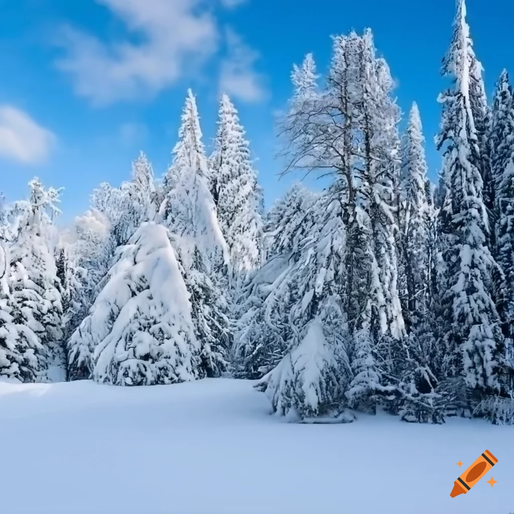Serene landscape of snow-covered evergreen trees and leaf-less trees on ...