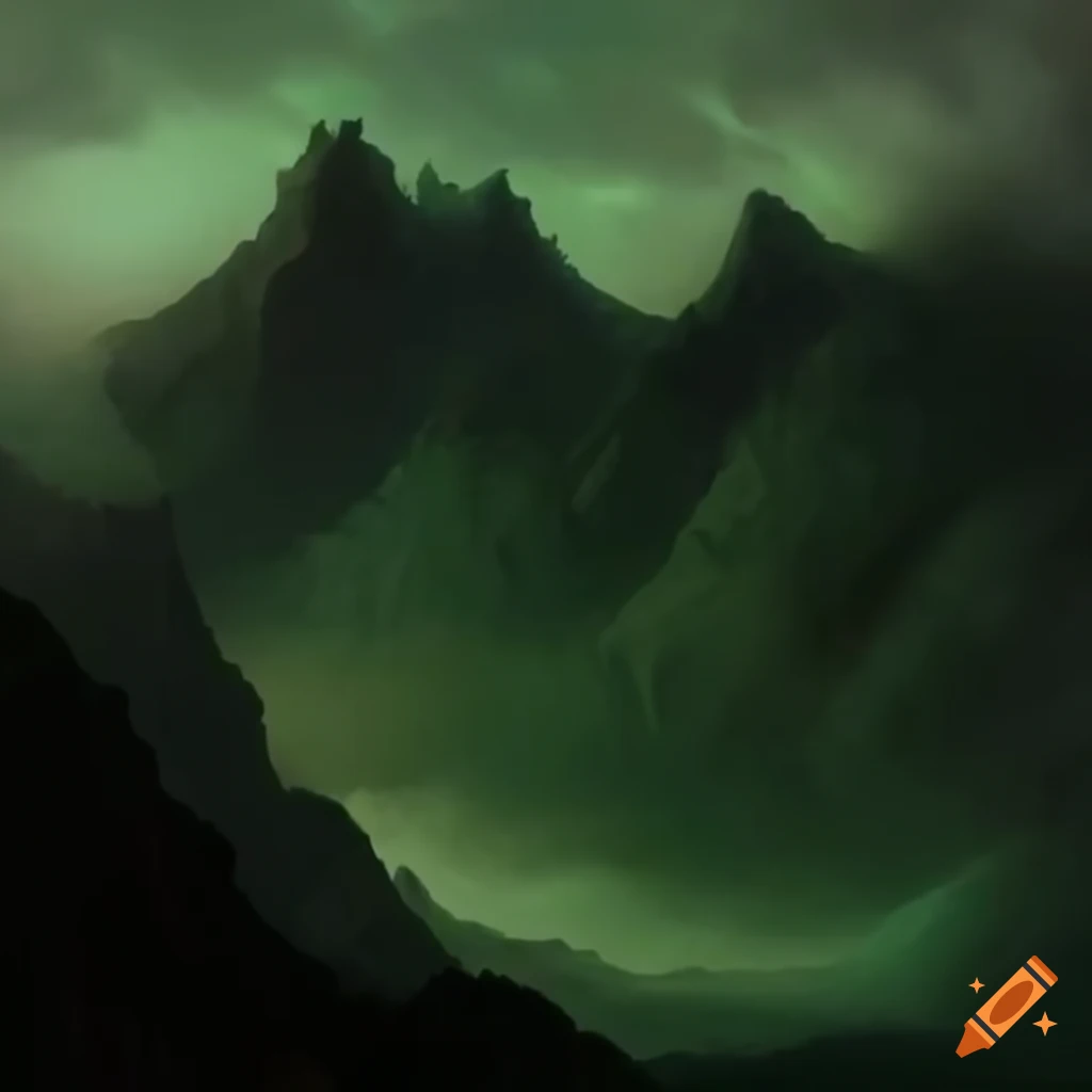 Rococo painting of a black mountain covered in green smog