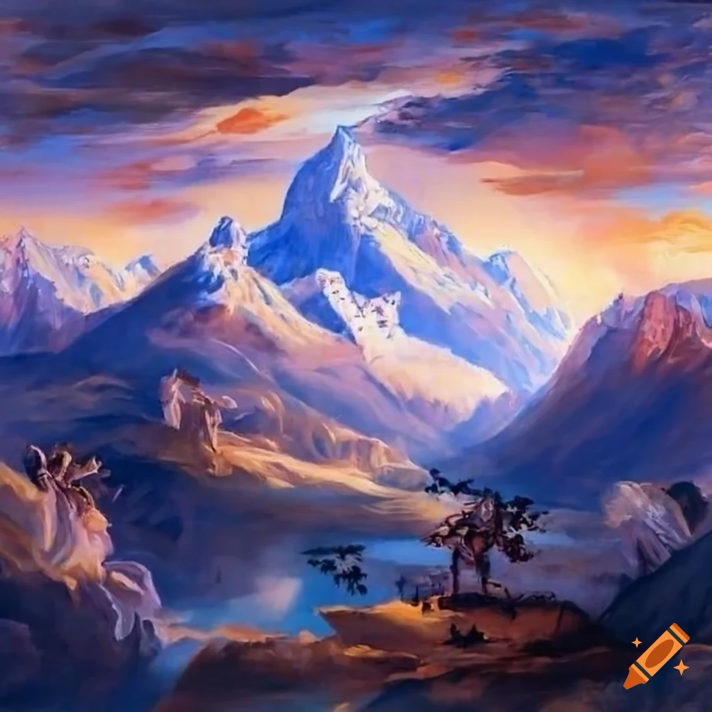 Majestic high mountain peak rising into the sky with winds in a rococo painting