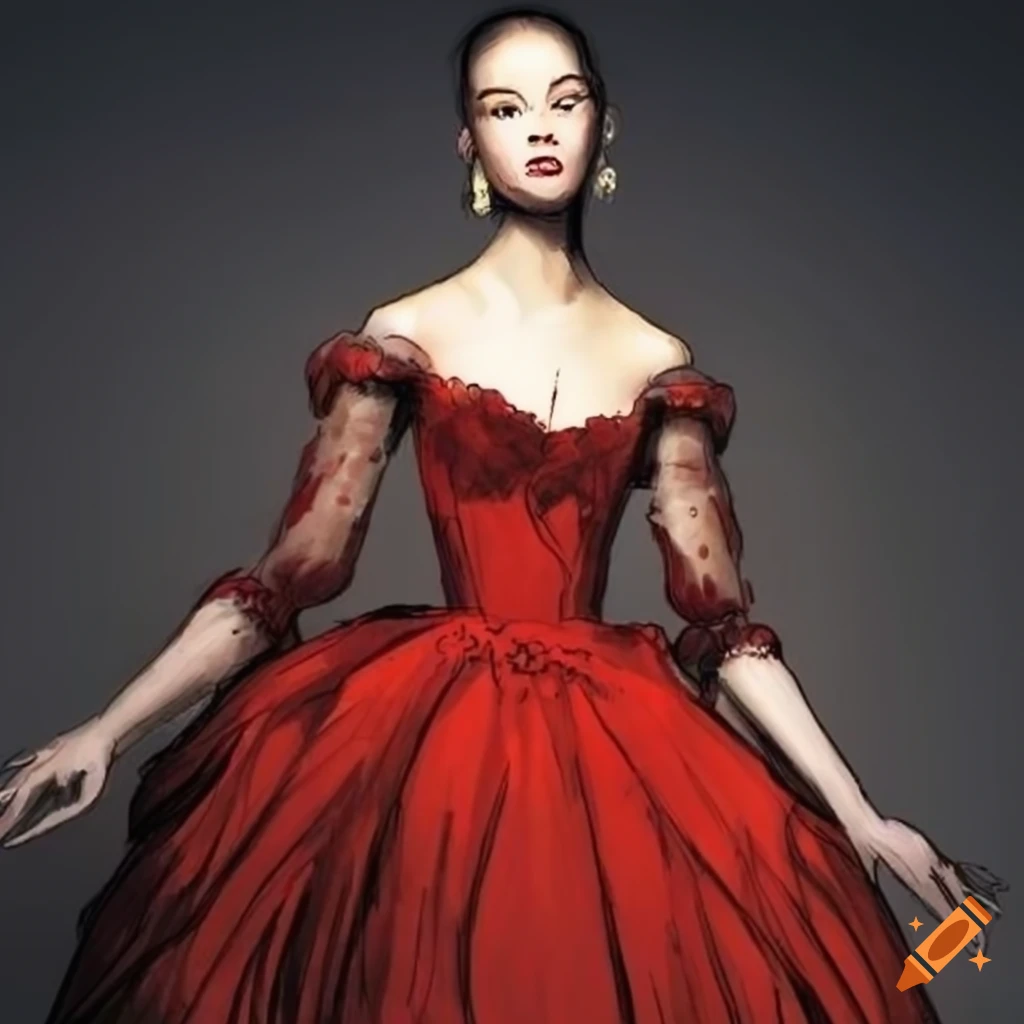 Ink drawing of an evening silk dress with chantilly lace in John Galliano style