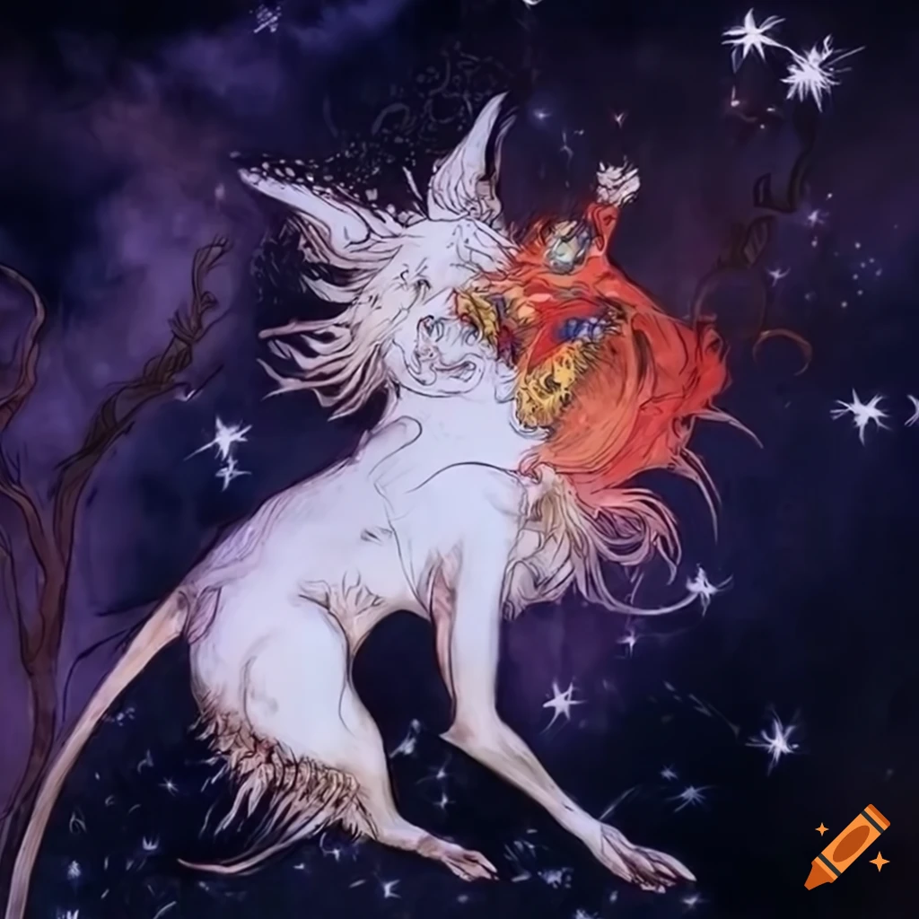 Artwork of animal constellations inspired by Yoshitaka Amano's style