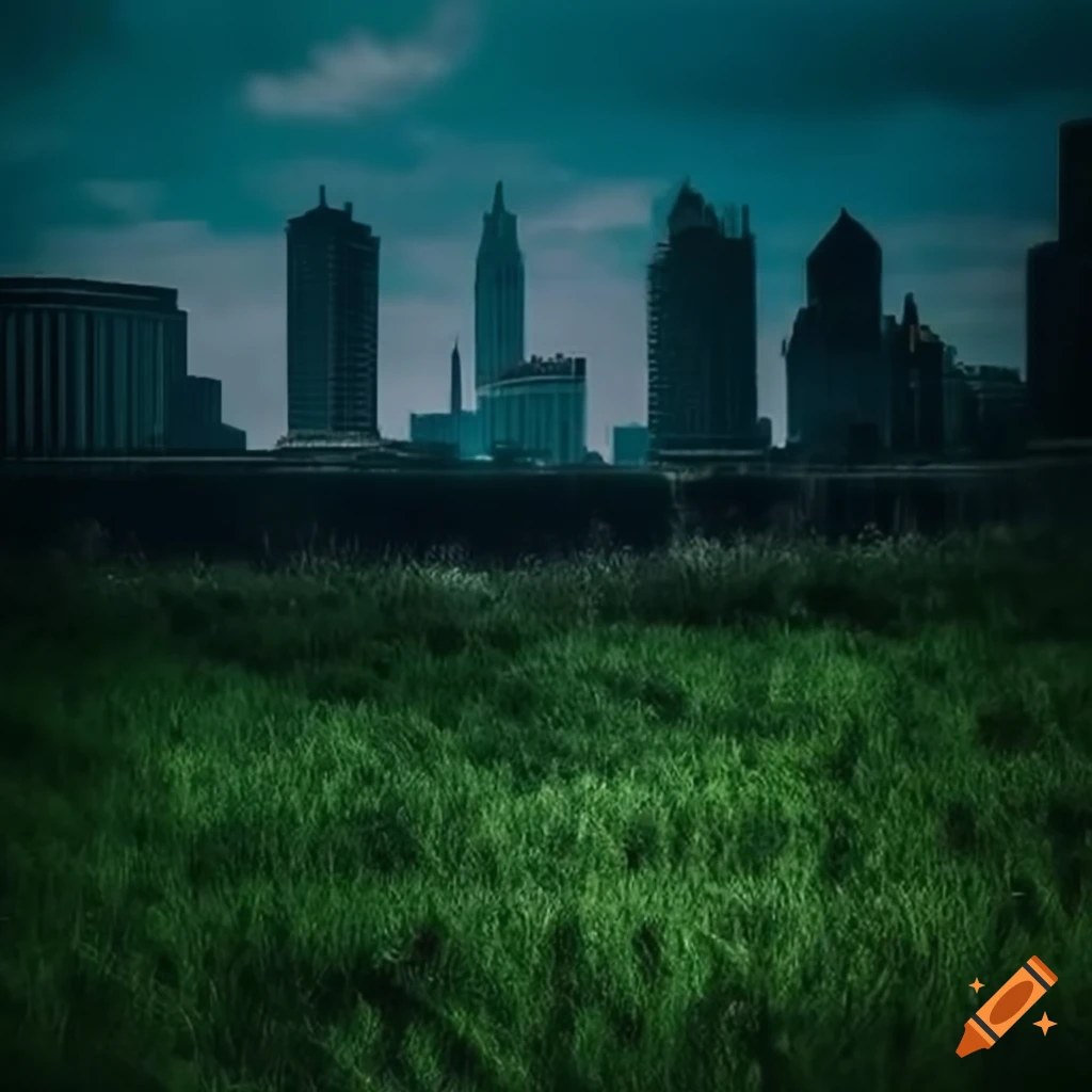 Collision of nature and city buildings with birds and green grass