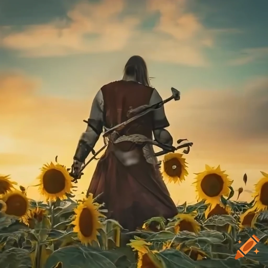 Lone warrior with bloodied sword holding a sunflower in a dim environment