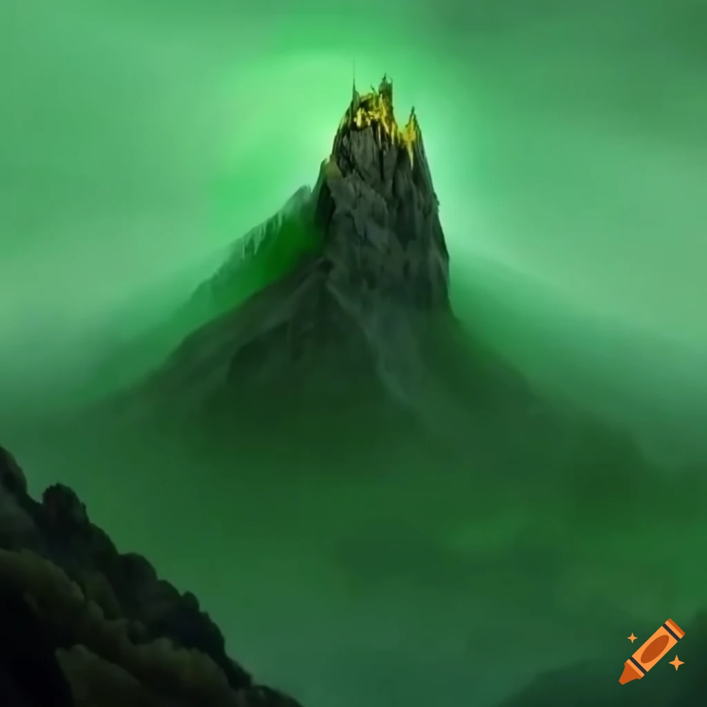 Rococo painting of a jagged mountain shrouded in green smog