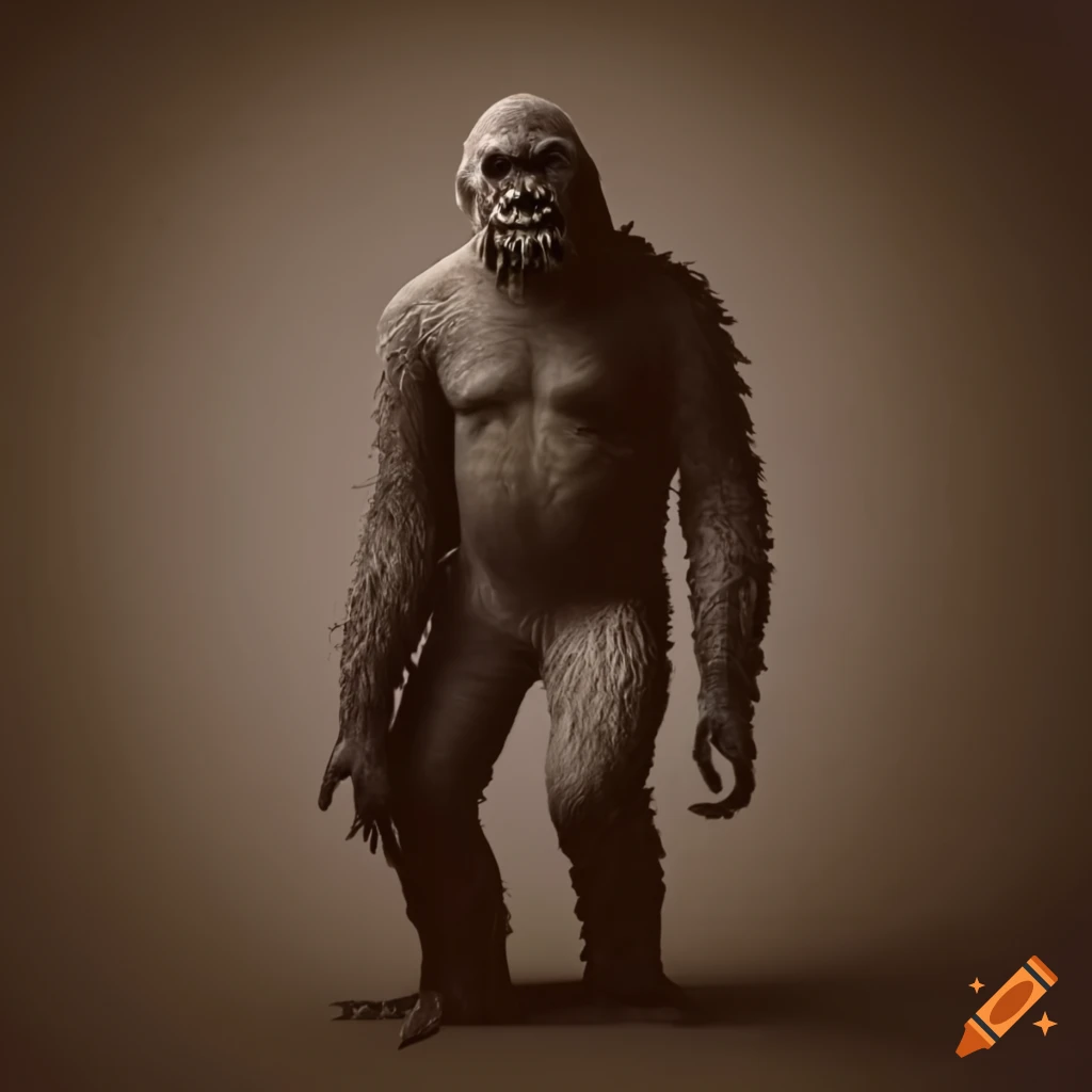 Mythical figure of dead Bigfoot in black and white surrounded by hunters