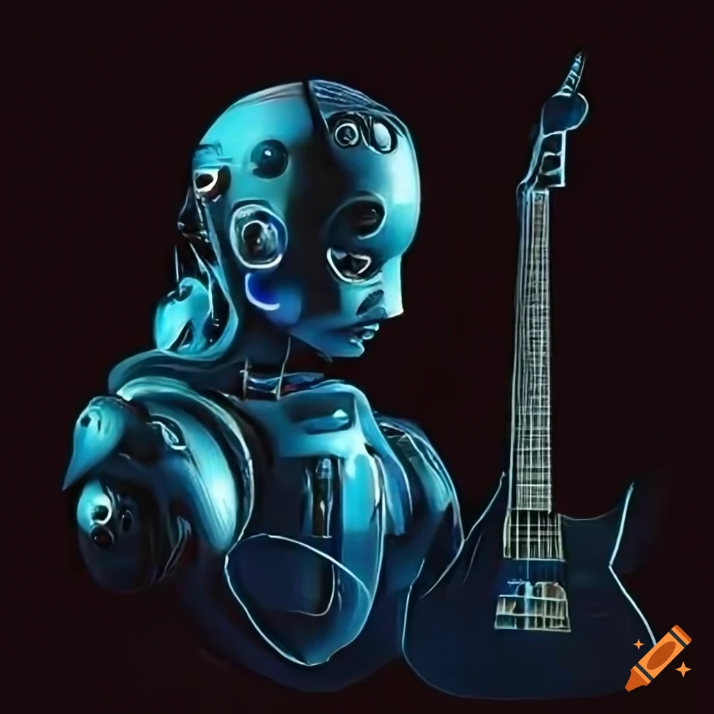 Futuristic AI robot surrounded by musical instruments, poetic scripts ...