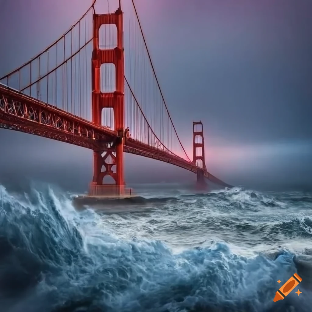 Golden Gate bridge on a stormy evening with massive wave