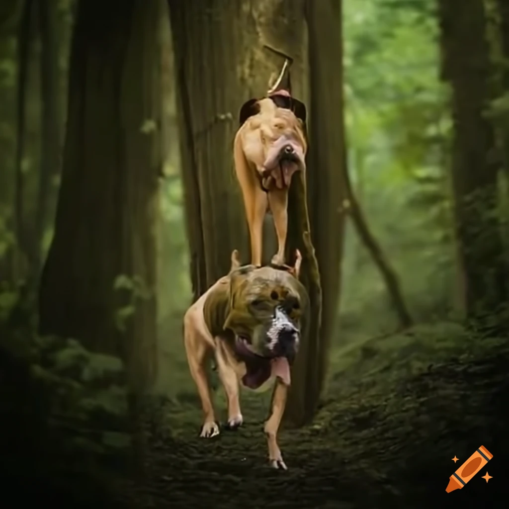 Woman crossing trees with a Pitbull like Tarzan